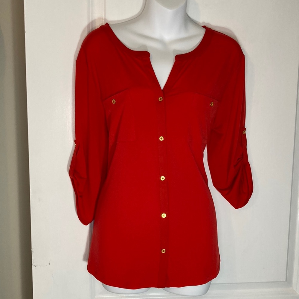 Ellen Tracy red top pockets button down front size L gold hardware